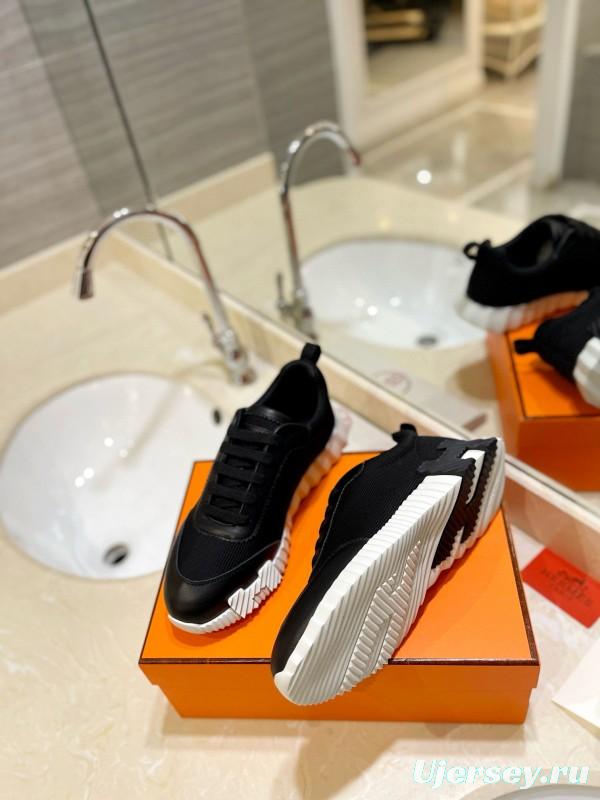 2024 Unisex Hermès Black Imported Glazed Calfskin Imported Rain Velvet Casual Sneakers MJ00320