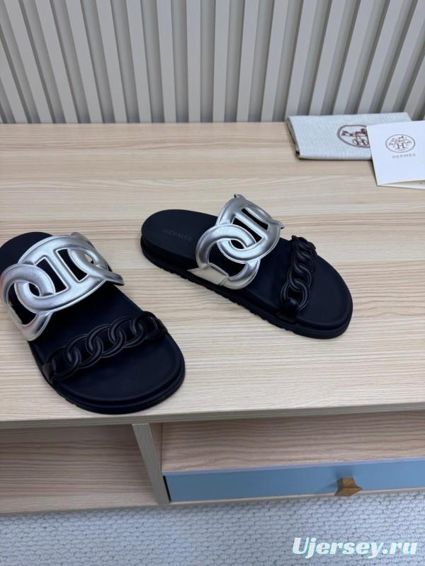 2025 Slippers Hermès Silver Black Leather Chain Decoration