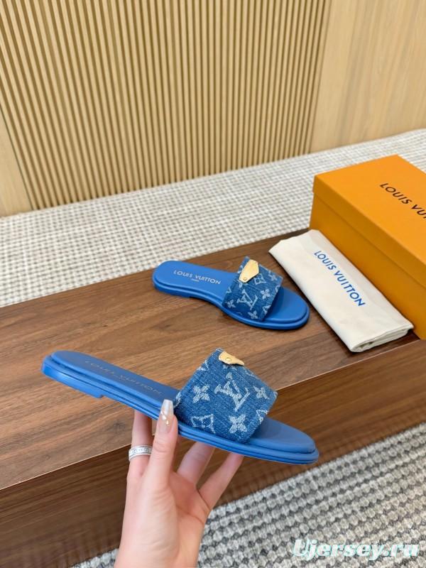 2025 Women Louis Vuitton Blue Denim Leather Slippers LY00200