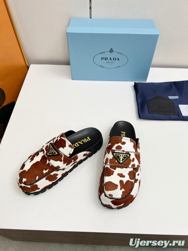 2025 Women Prada Brown White Cowhair Leather Slippers LY00270
