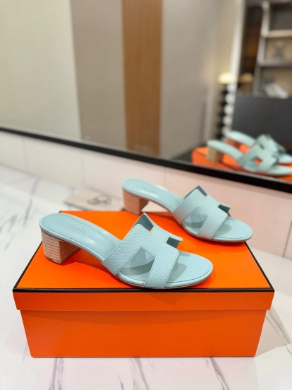2025 Women Hermès Light Blue Leather Sandals