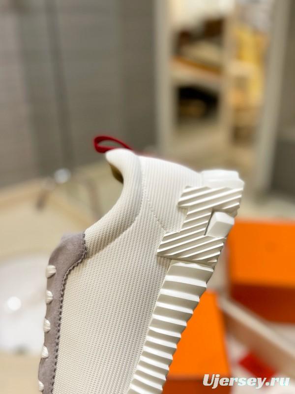 2024 Unisex Hermès White Grey Silk Leather Sneakers MJ00320