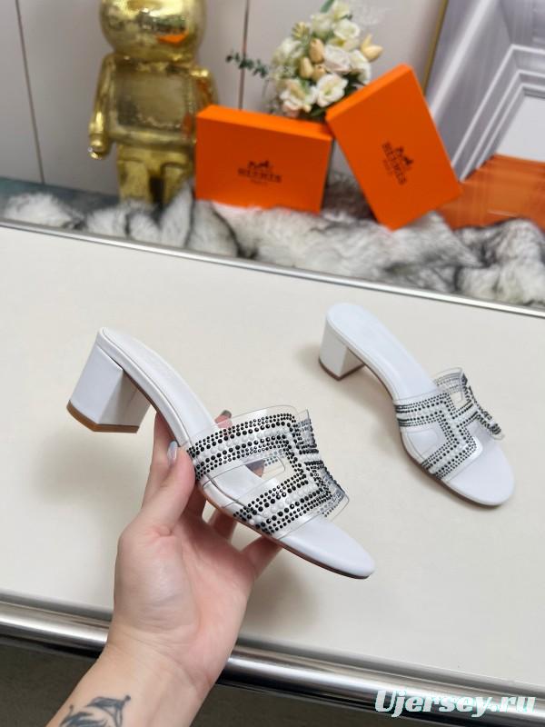 2025 Slippers Hermès White Leather Crystal MJ00180