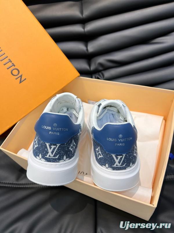 2024 Men Louis Vuitton White Blue Mesh Leather Sneakers MJ00400