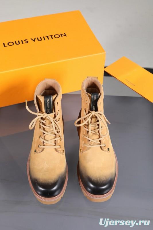 2024 Men Louis Vuitton Beige Black Leather Canvas Boots MJ00470