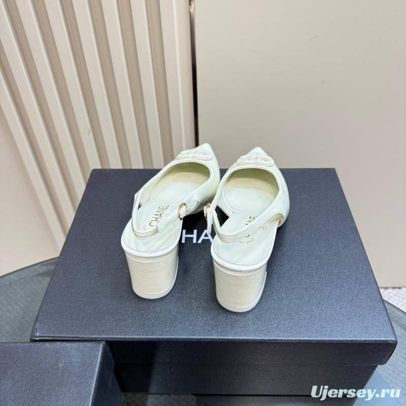 2025 Women Chanel White Patent Leather Slingback Pumps