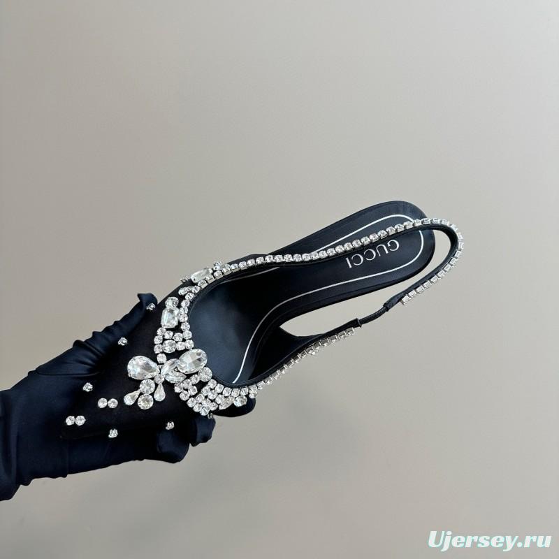 2025 Women Gucci Black Satin Slingback Heels Rhinestone MJ00340