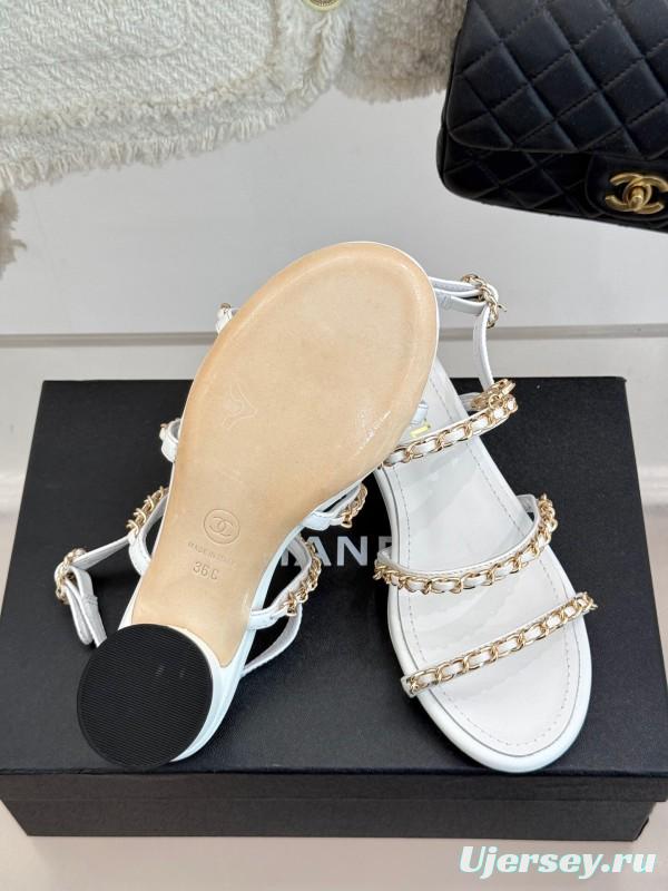 2025 Women Chanel White Leather Chain Strap Sandals