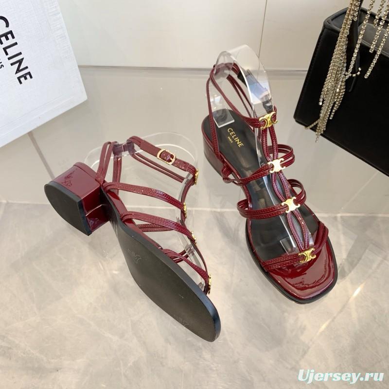 2025 Women Celine Burgundy Patent Leather Sandals KFY00300