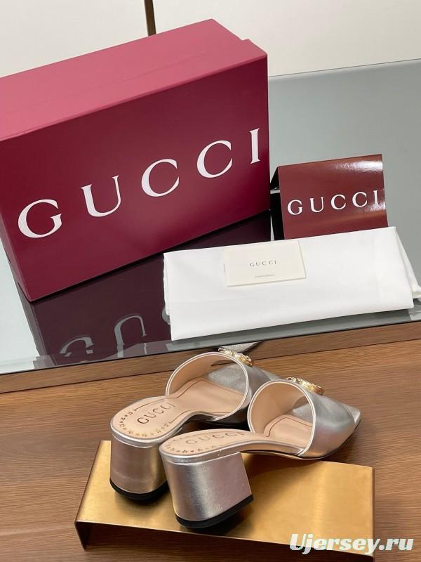 2025 Women Gucci Gold Leather Mules GG Emblem LY00280