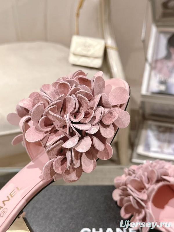 2025 Women Chanel Pink Suede Flower Mule