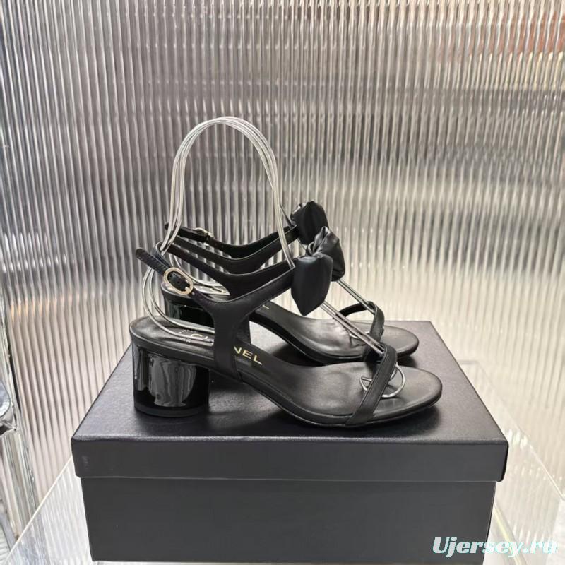 2025 Women Chanel Black Lambskin Bowknot Sandals LY00260