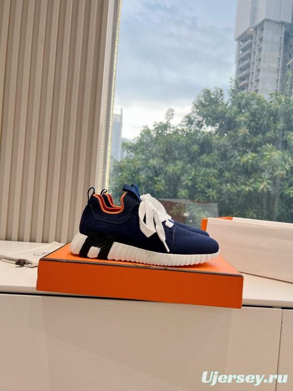 2024 Unisex Hermès Navy Brown Calfskin Suede Knit Sneakers MJ00290