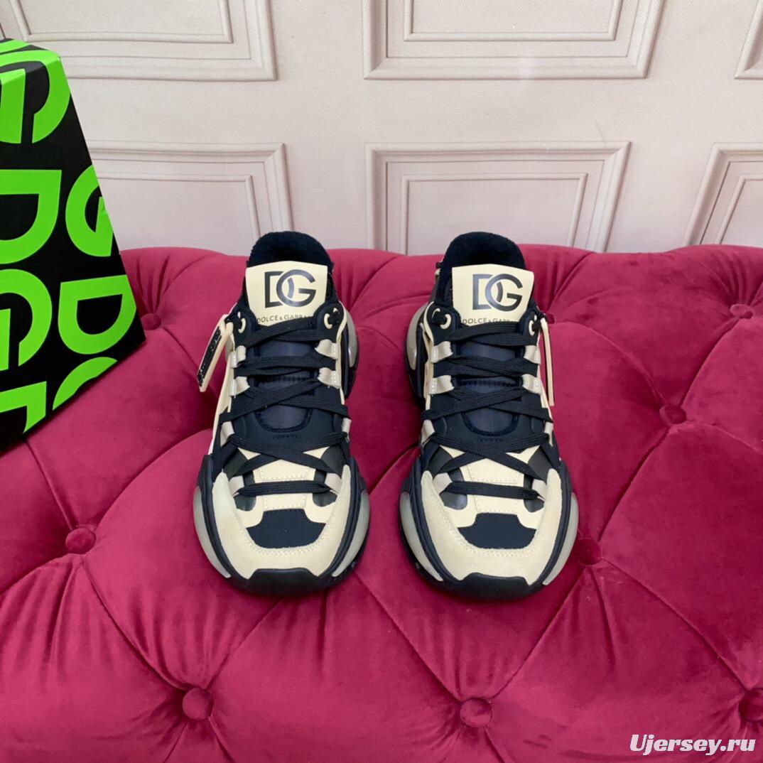 2025 Unisex Dolce & Gabbana Black Beige Leather Sneakers DG LY00340