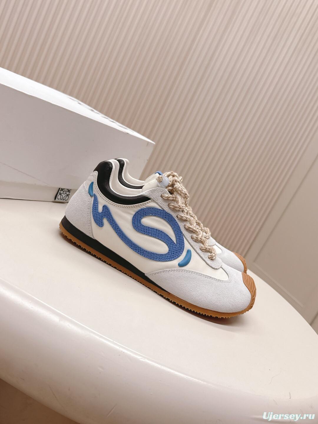 2025 Unisex Loewe White Blue Suede Mesh Casual Sneakers KFY00300