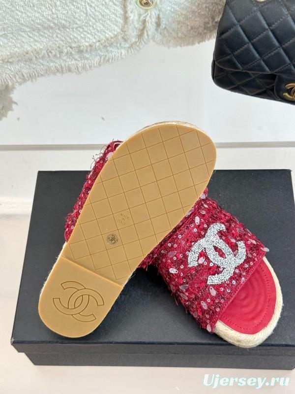 2025 Women Chanel Red Sequin Espadrille Slides Classic Craftsmanship KFY00240(F)