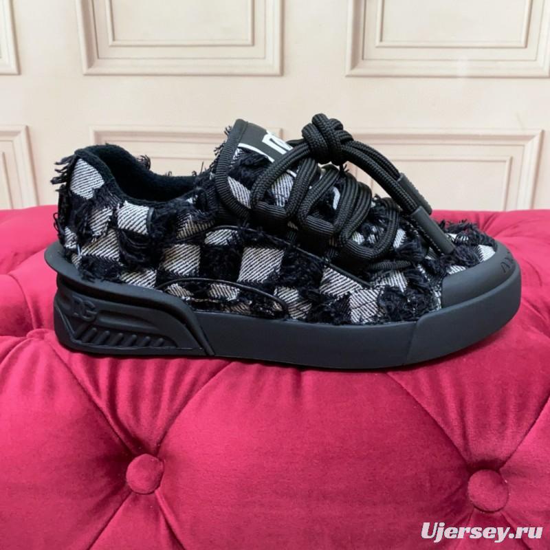 2024 Unisex Dolce & Gabbana Black White Wool Leather Sneakers MJ00340