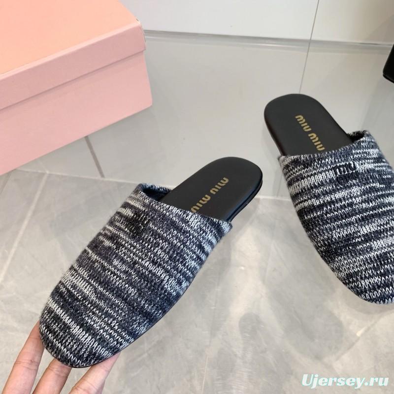 2025 Women Miu Miu Black White Knit Leather Slippers