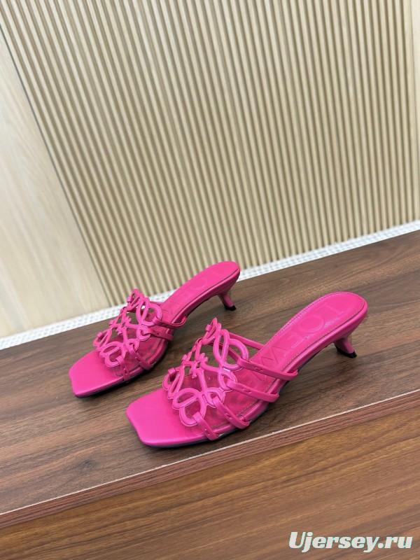 2025 Women Loewe Pink Leather Heeled Sandals LY00210