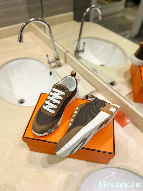 2024 Unisex Hermès Brown Khaki Mesh Suede Sneakers