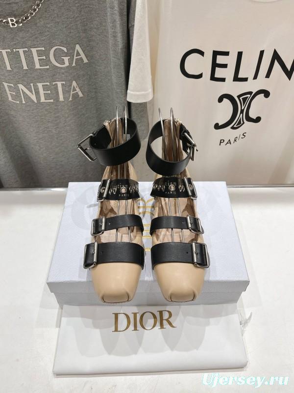 2025 Women Dior Beige Black Leather Mary Jane Buckle Flats