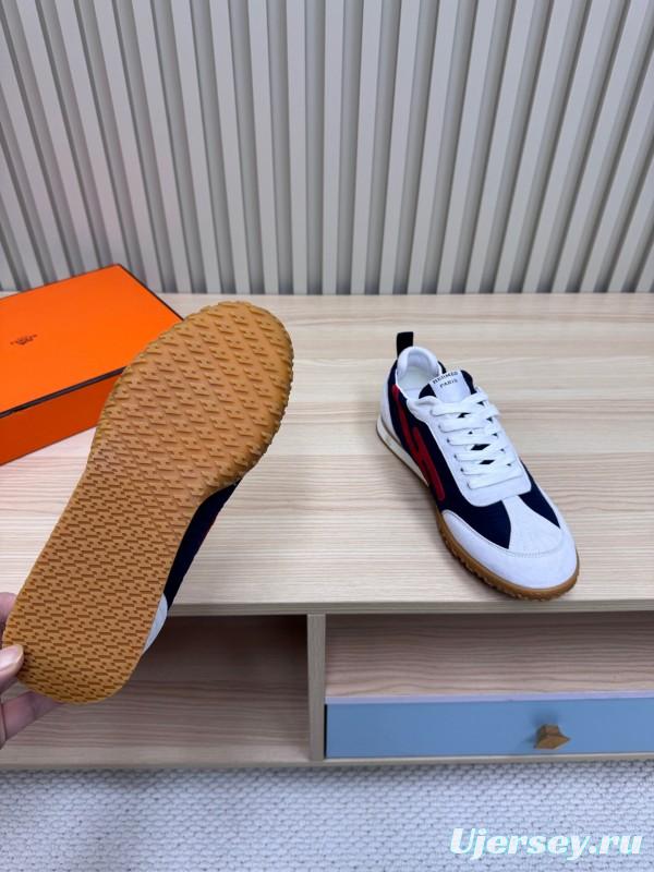 2025 Unisex Hermès White Navy Red Suede Down Fabric Sneakers Top Version LY00310