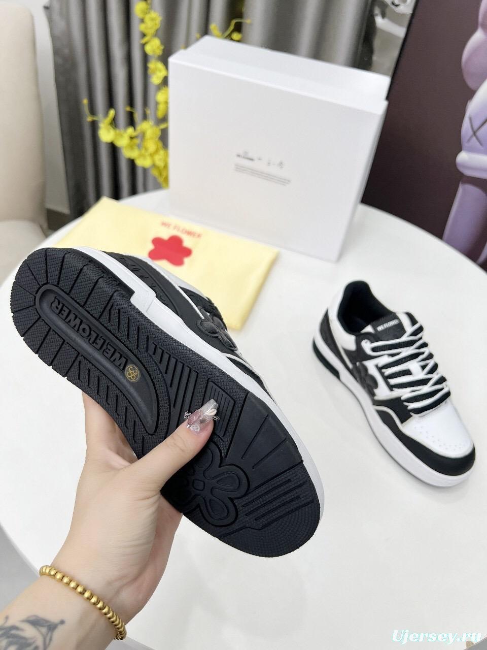 2025 Unisex WEFLOWER Black White Leather Sneakers LY00280