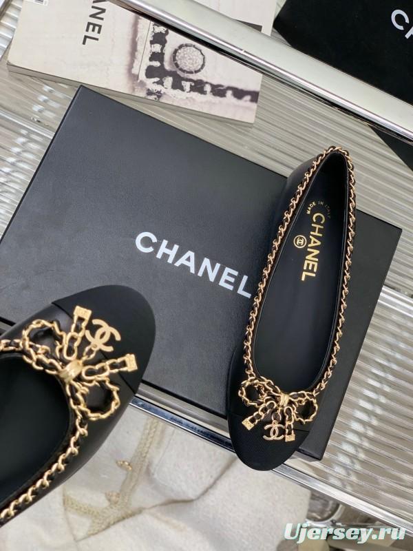 2025 Women Chanel Black Gold Leather Ballet Flats