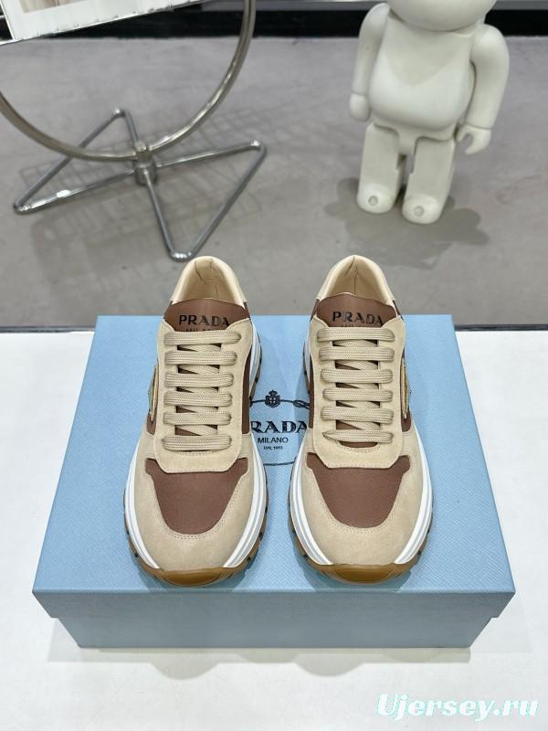 2025 Women Prada Beige Brown Leather Sneakers KFY00310