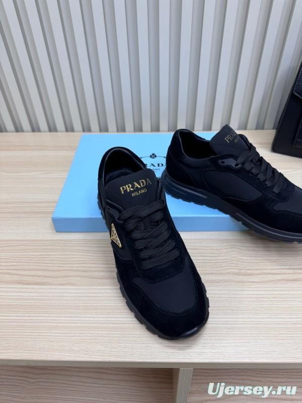 2025 Women Prada Black Suede Nylon Sneakers LY00300