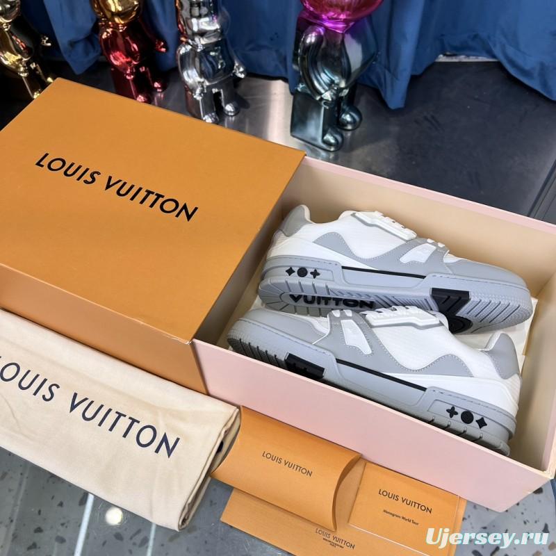 2025 Unisex Louis Vuitton White Grey Leather Mesh LV Trainer
