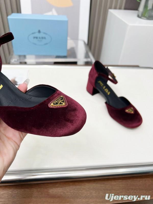 2025 Women Prada Burgundy Velvet Mary Jane Heel LY00270
