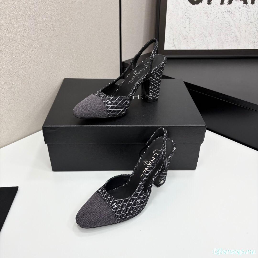 2025 Women Chanel Black Grey Fabric Slingback Heels LY00270