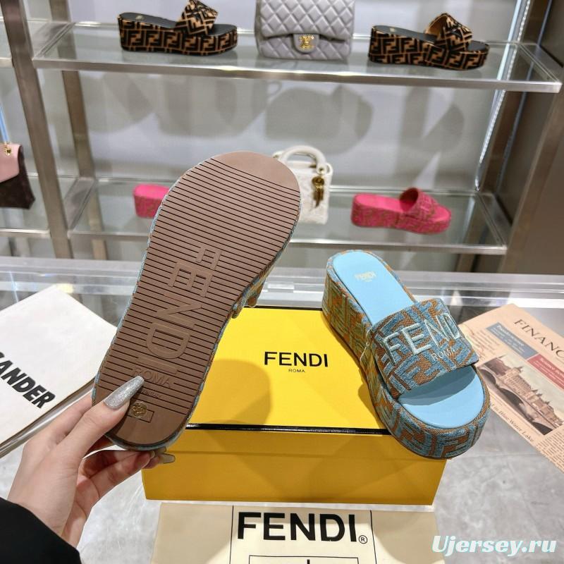 2025 Women Fendi Blue Brown Canvas Slippers