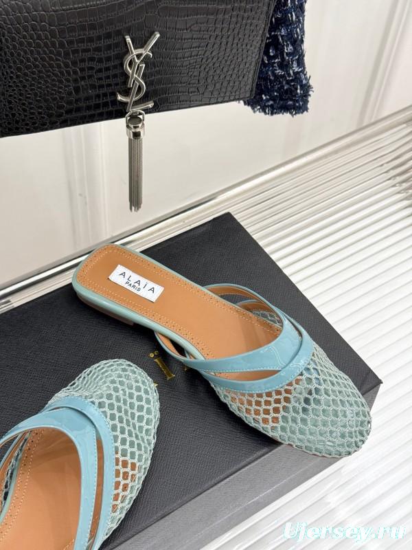 2025 Women AlAIA Light Blue White Leather Mesh Flat Slippers