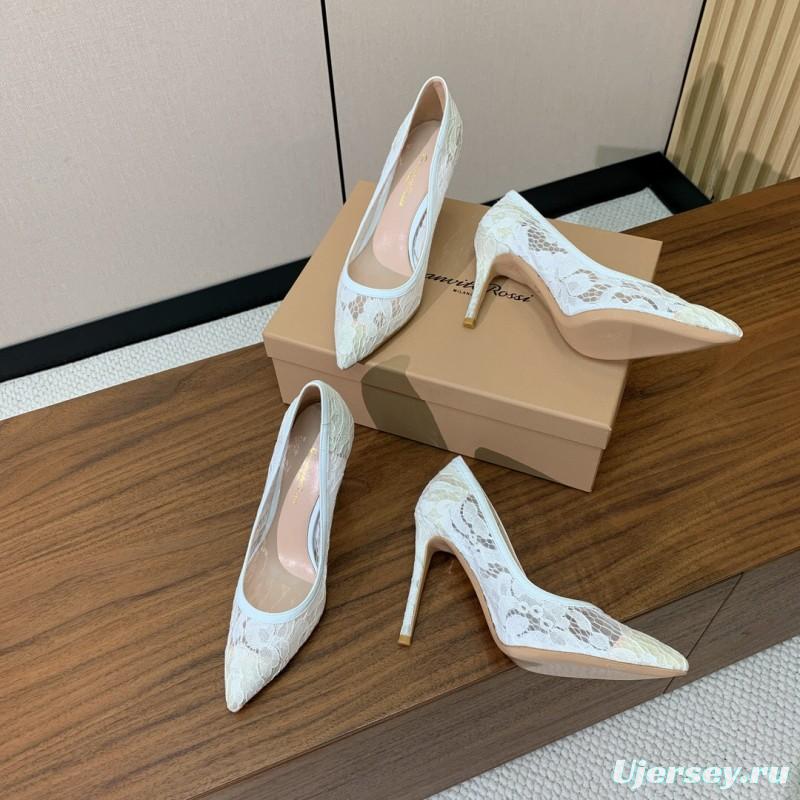 2025 Women Gianvito Rossi White Lace Leather Pumps KFY00280