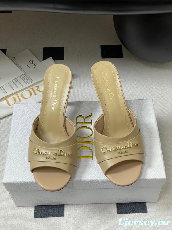 2025 Women Dior Beige Leather Heeled Slippers Christian Dior Logo