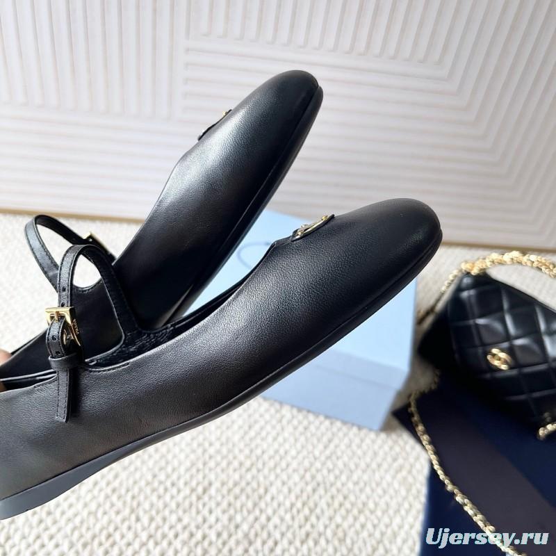 2025 Women Prada Black Leather Mary Jane Flat