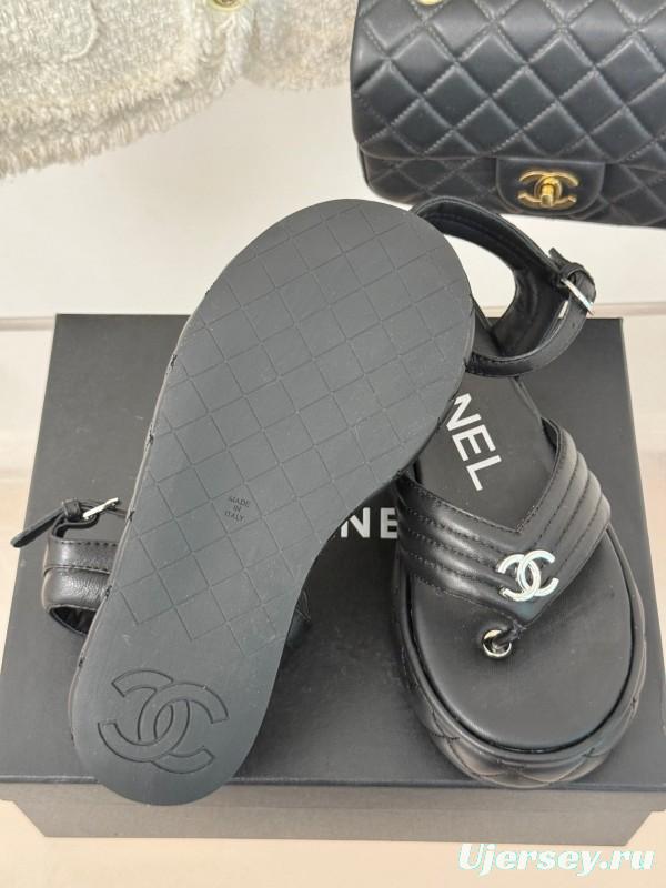 2025 Women Chanel Black Leather Sandals Platform