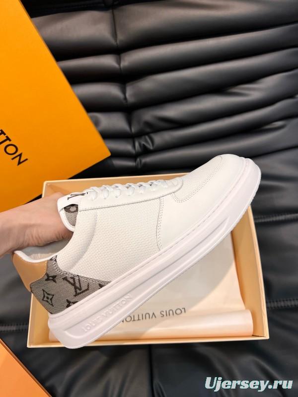 2024 Unisex Louis Vuitton White Brown Mesh Leather Sneakers MJ00400