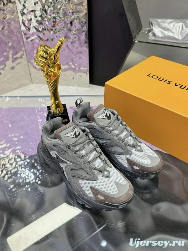 2025 Men Louis Vuitton Grey White Mesh Leather Sneakers MJ00420