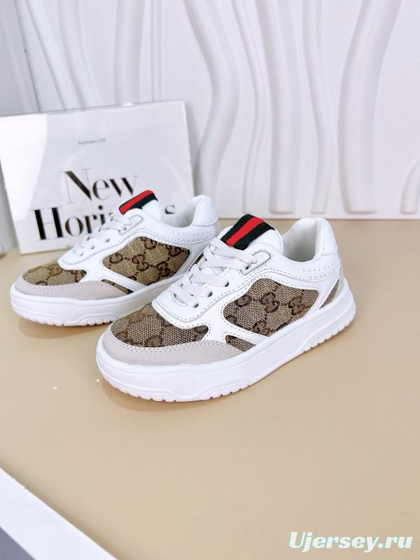 2024 Kids Gucci White Brown Cotton Leather Sneakers