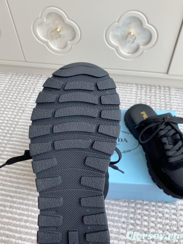 2025 Women Prada Black Nylon Leather Sneakers LY00290