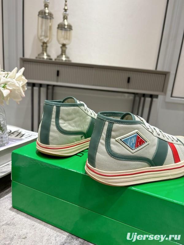 2025 Women Bottega Veneta Green White Red Canvas Leather High Top Sneakers