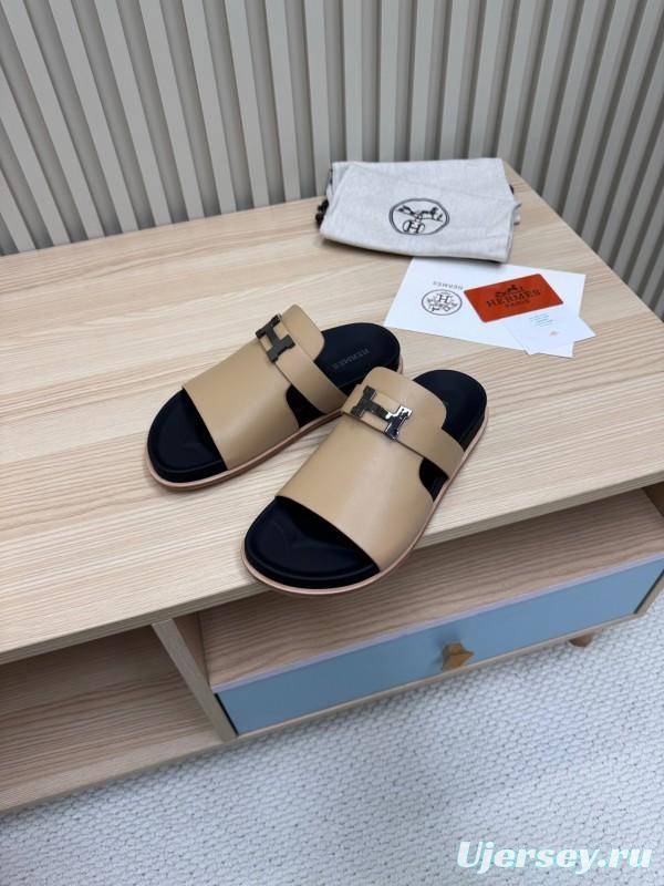 2025 Slippers Hermès Beige Black Leather Slippers