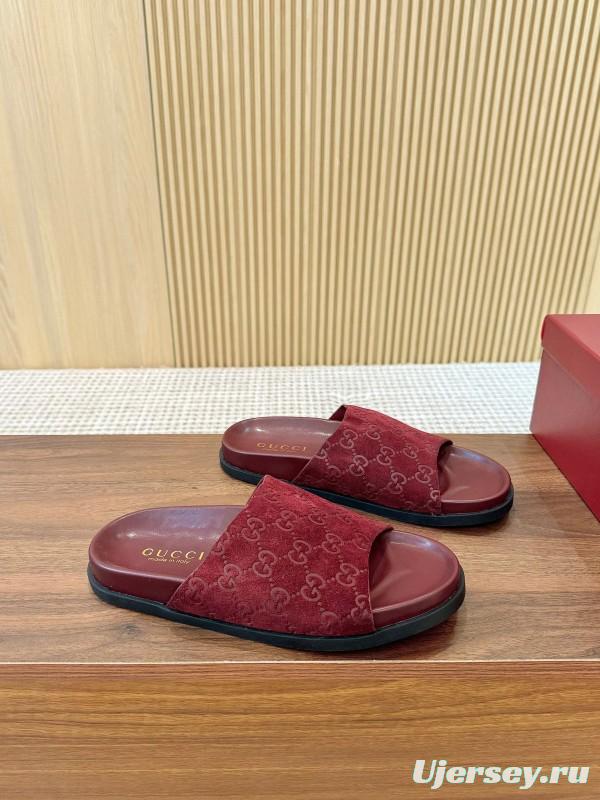 2025 Women Gucci Red Suede Leather Slippers