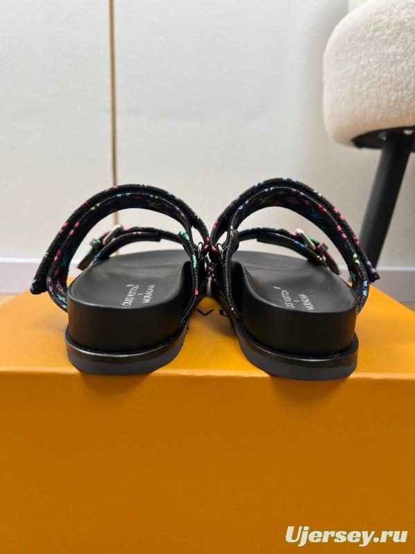 2025 Women Louis Vuitton Black Rainbow Canvas Slippers KFY00280