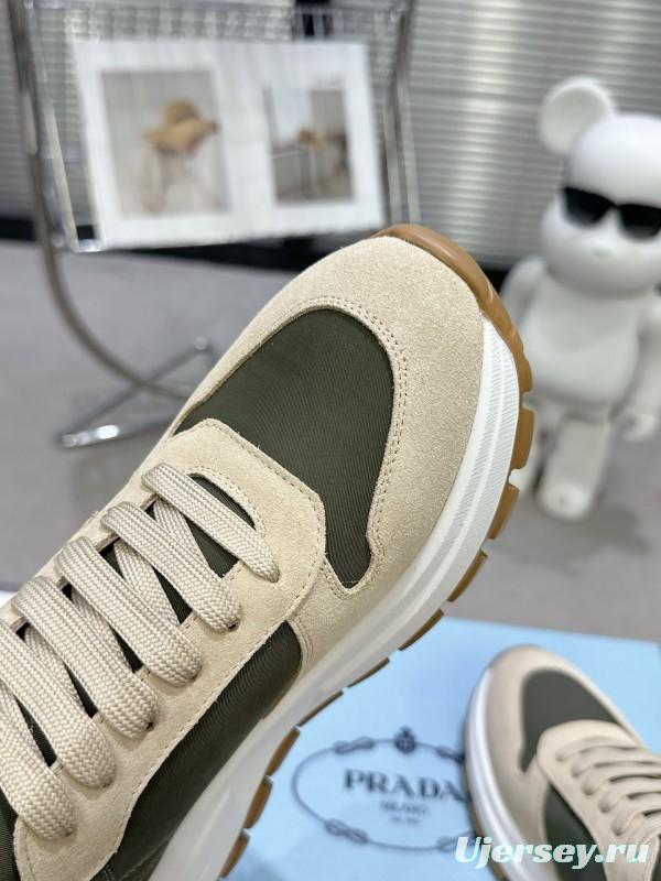 2025 Women Prada Beige Green Nubuck Leather Sneakers KFY00310