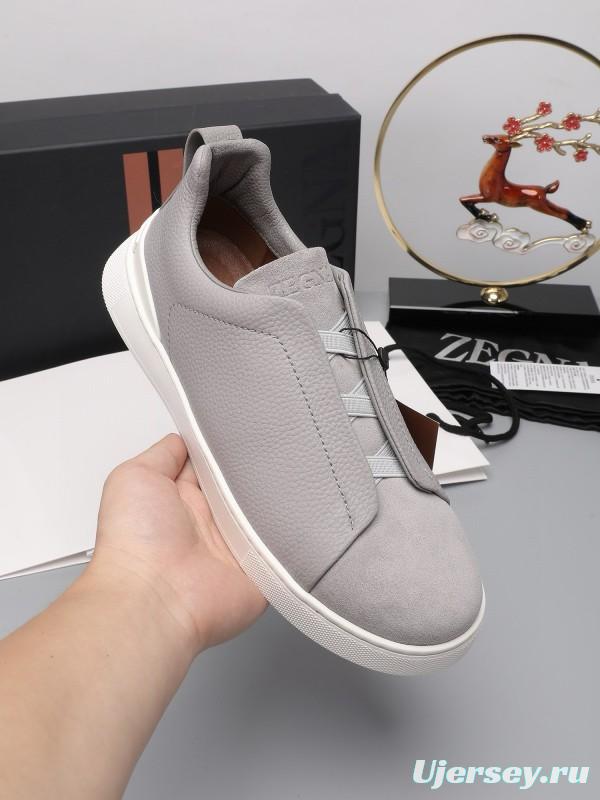 2024 Men Ermenegildo Zegna Light Grey Leather Suede Low Top Sneakers MJ00240