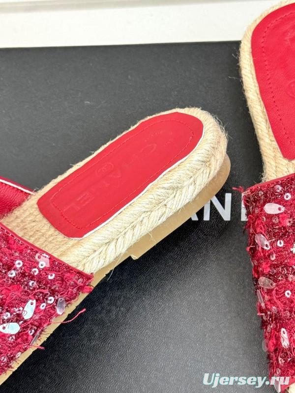 2025 Women Chanel Red Sequin Espadrille Slides Classic Craftsmanship KFY00240(F)